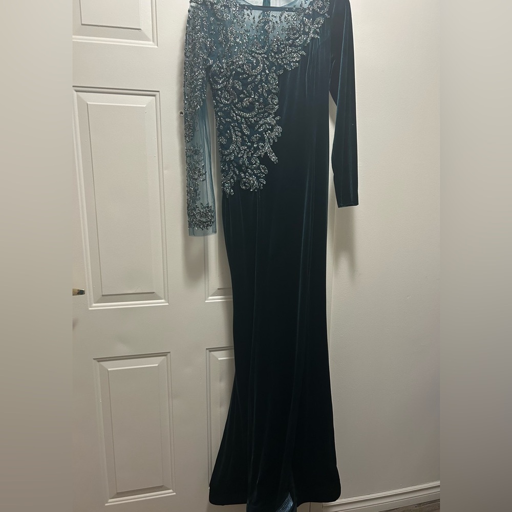 Elegant Teal Velvet Gown with Embellished Details